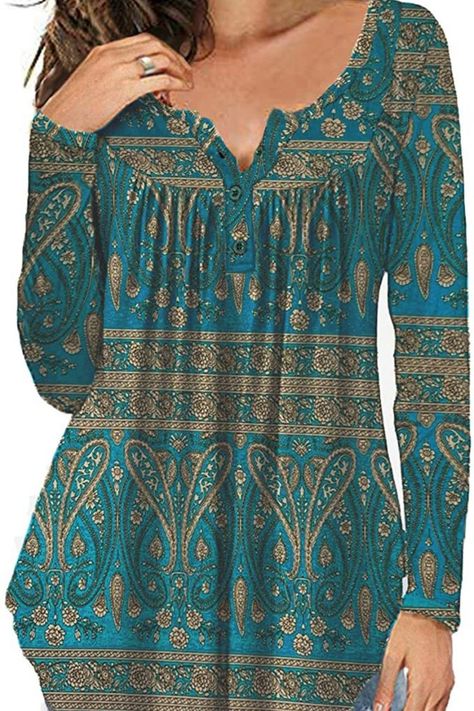 a.Jesdani Plus Size Tunic Tops Long Sleeve Casual Floral Printed Henley Shirts for Women Latest Ladies Tops, Clothes For Women Over 60, Western Tops For Women, Women Shirt Designs, Stylish Maxi Dress, Feroz Khan, Clothes For Women Over 50, V Neck Shirts, Plus Size Tunic