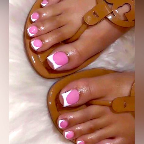 Pink And White Pedicure Toenails, White And Pink Pedicure, Summer White Nails Designs, Hawaiian Pedicure, Pink And White Toes, Pink And White French Tip Toes, Cute Acrylic Toes, Nails And Feet Set, Bossy Nails