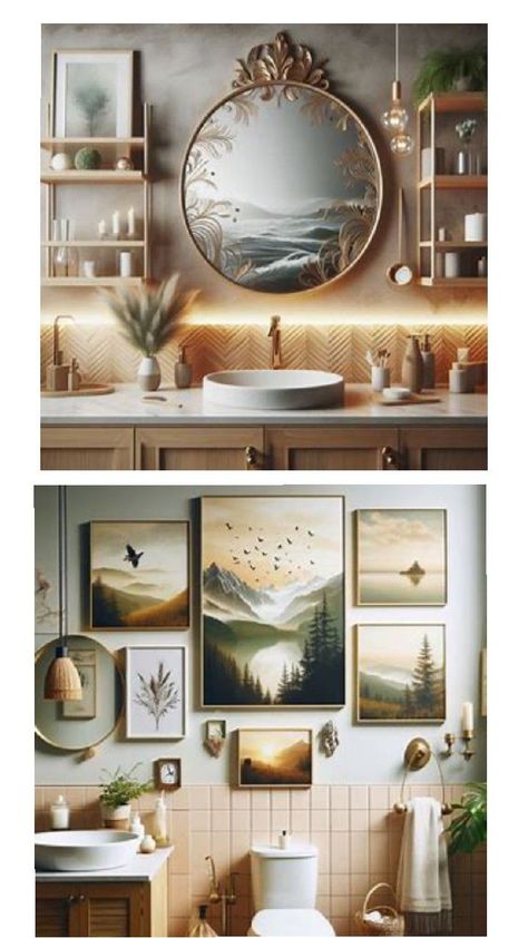 "Discover creative bathroom wall decoration ideas to transform your space with style. Explore tips on using art, shelves, mirrors, and colors to enhance your bathroom's ambiance." Powder Room Gallery Wall, Room Gallery Wall, Traditional Bathroom Designs, Bathroom Ambiance, Wall Decoration Ideas, Creative Bathroom, Vinyl Wall Quotes, Vinyl Quotes, Art Shelves