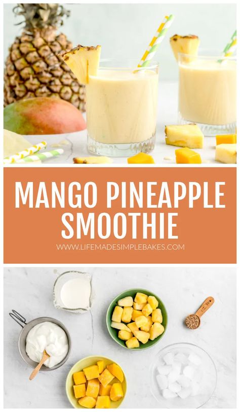 Fall in love with the tropical taste of this refreshingly delicious Mango Pineapple Smoothie. It whips up with frozen fruit in minutes!! #mangopineapplesmoothie #smoothie #tropicalsmoothie #fruitsmoothie Pineapple Diet, Pineapple Smoothie Recipes, Breakfast Baking, Life Made Simple, Mango Pineapple Smoothie, Mango Smoothie Recipes, School Morning, Mango Pineapple, Yum Recipes