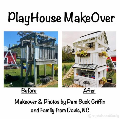 Diy Swingset Upgrade, Wooden Swingset Remodel, Playhouse Under Swingset, Play Set Makeover Wood, Swingset Remodel, Playset Remodel, Playground Remodel, Playhouse Swingset, Swing Set Makeover