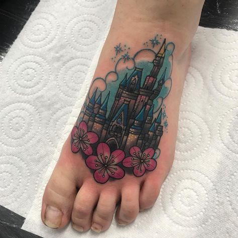 Castle Tattoos, Disney Castle Tattoo, Castle Tattoo, Disney Sleeve, World Tattoo, Disney Castle, Disney Tattoos, Happiest Place On Earth, Deathly Hallows Tattoo