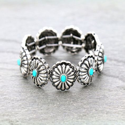 Beautiful Hand Crafted Turquoise Stone Western Concho Style Stretch Bracelet. Burnished Silver Plating. Alloy Metal. Anti Tarnish. Nickel, Lead and Chrome Free. Add a Touch of Western Flair to Your Wardrobe. Country Girl Jewelry, Turquoise Jewelry Western, Western Fashion Jewelry, Southern Jewelry, Rodeo Jewelry, Western Rings, Western Bracelets, Cowgirl Accessories, Country Jewelry