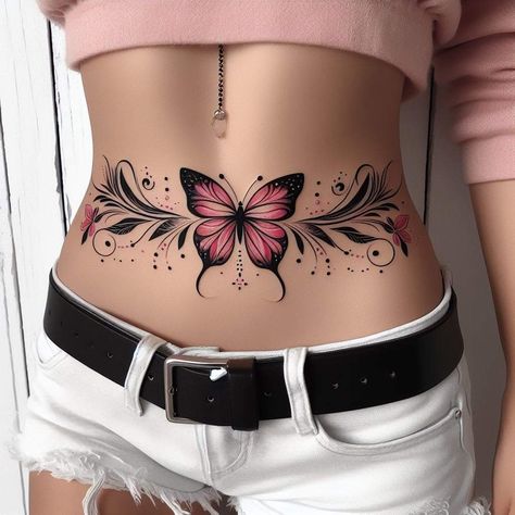 Belly Tattoos For Women Stomach, Tummy Tattoos For Women, Upper Stomach Tattoos Women, Tummy Tucks Tattoo Cover Up, Lower Back Tattoos For Women Unique, Butterfly Stomach Tattoo, Tattoos For Women Cat, Glow Tattoo, Tummy Tattoo