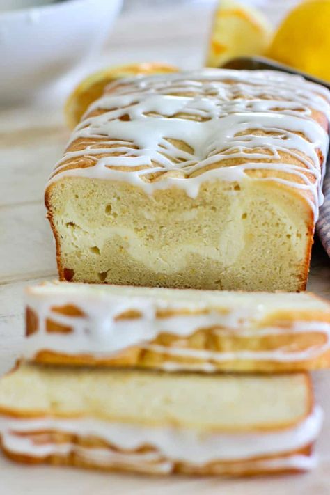 Fresh Lemon Loaf Cake with a ribbon of cream cheese running through it! Fresh and perfect for every occasion! Lemon Blueberry Cream Cheese Loaf, Lemon Cream Cheese Loaf Cake, Cream Cheese Baked Goods, Lemon Cream Cheese Loaf, Lemon Cream Cheese Dessert, Lemon Breads, Cream Cheese Loaf, Blueberry Pie Bars, Easy Blueberry Pie