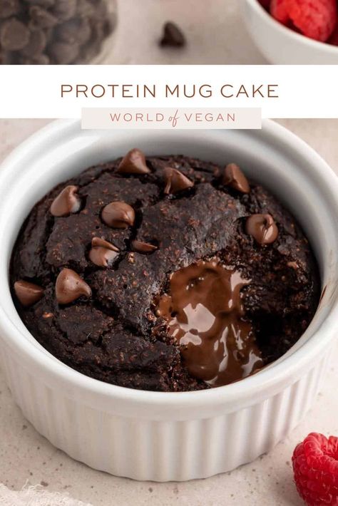 You'll never believe this is actually healthy. This 5-minute chocolate mug cake is cooked in the microwave and packed with a whopping 10 grams of plant-protein (without adding protein powder). Plus, it's healthy enough to eat for breakfast or a hearty snack, and decadent enough to enjoy for an elegant after-dinner dessert. https://www.worldofvegan.com/protein-mug-cake/ No Meat Lunch, Mug Cake Chocolate, Healthy Chocolate Mug Cake, Chocolate Baked Oats, Wfpb Vegan, Protein Mug Cake, Mug Desserts, Protein Mug Cakes, 2024 Recipes