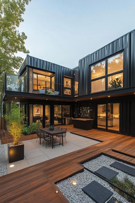 32 Clever Shipping Container Homes You'll Love Container Box House, Converting Shipping Containers, Shipping Container Lake House, Beautiful Container Homes, Large Shipping Container Homes, Modern Home Courtyard, Shipping Container Guest House, Container Homes Ideas Design, Container Home Floor Plans