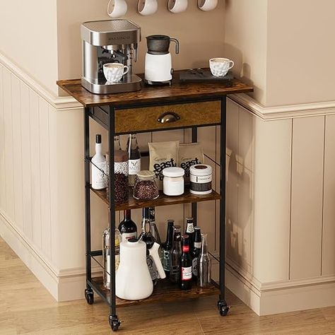 Coffee Bar Stand Station Cart with Storage Drawer -3 Tier, Extended Worktop Coffee Table, Farmhouse Corner Bar Cabinet for Small Spaces, Barkers Rack & Home Bar for Kitchen , Entryway, Living Room  #homedesign #homedecor #housedesign #housedecor #room #roomdecor #roomdesign #interior #design #home #house #furniture #decor #bedroom #kitchen #livingroom Coffee Bar Stand, Bar For Kitchen, Coffee Bar Cart, Corner Bar Cabinet, Bar Stand, Corner Bar, Table Farmhouse, Coffee Nook, Coffee Table Farmhouse