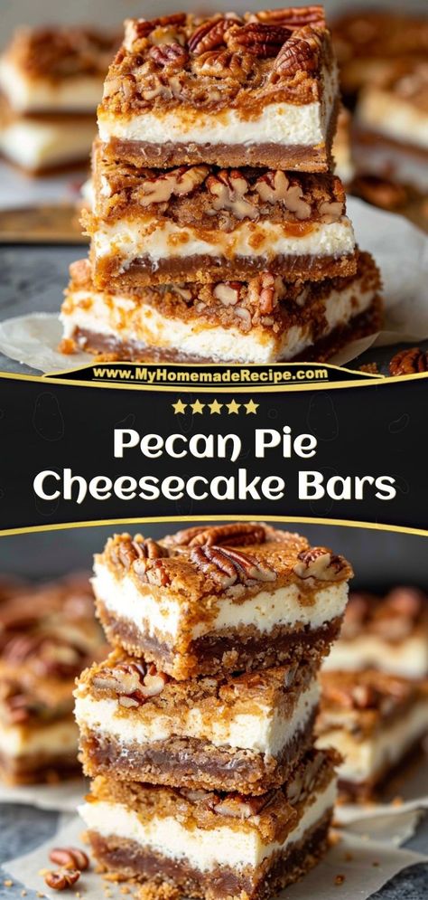 These pecan pie cheesecake bars combine the creaminess of cheesecake with the sweet, nutty flavor of pecan pie. Perfect for the holidays! Ingredients: 1 cup graham cracker crumbs 16 oz cream cheese 1 cup pecans ½ cup brown sugar Make these pecan pie cheesecake bars for a festive dessert everyone will love Graham Dessert, Pecan Pie Cheesecake Bars, Pecan Cheesecake Bars, Graham Cracker Dessert, Sugar Cookie Cheesecake, Pecan Pie Cheesecake Recipe, Pecan Bars Recipe, Cracker Dessert, Pecan Pie Easy