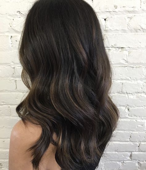 Dark Roots Babylights, Medium Length Dark Hair Blowout, Black Hair Partial Balayage, Subtle Brown Balayage On Black Hair, Brown Baby Lights On Black Hair, Dark Brunette With Babylights, Babylights Dark Hair, Babylights On Black Hair, Black Hair With Babylights