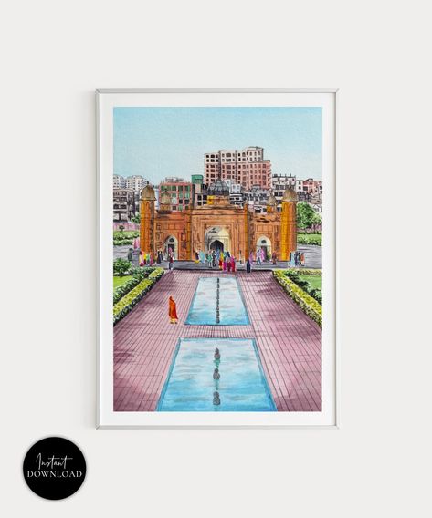 Bangladesh Print, Dhaka Cityscape, Lalbagh Fort, Bangladesh Wall Art, Bangladesh Art Print, Dhaka Print, South Asia Print, Travel Gift - Etsy Bangladesh Art, Gouache Ideas, Dhaka Bangladesh, Watercolor Art Lessons, South Asia, World Cultures, Watercolor Art Prints, City Art, Graphics Design