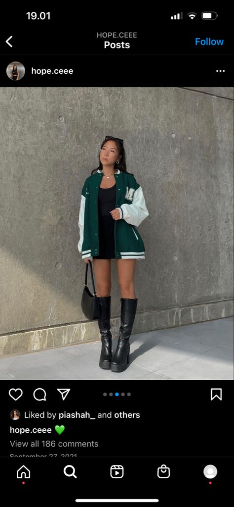 Skirt Varsity Jacket Outfit, Green Jersey Jacket Outfit, Varsity Jacket And Skirt Outfit, Varsity Jacket With Skirt, Green Varsity Jacket Outfit, Jersey Jacket Outfit, Green Varsity Jacket, Japan Fits, Varsity Jacket Outfit