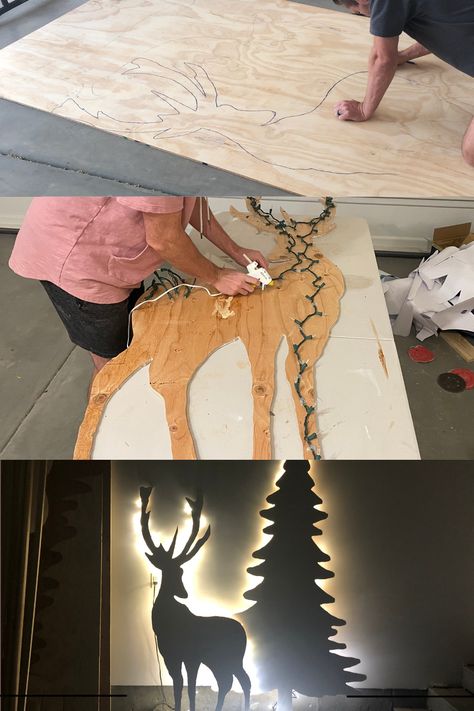 Outside Wood Christmas Decorations, Wooden Deer Christmas Diy Wood, Outdoor Wood Christmas Decor, Fun Christmas Decor Ideas, Diy Jigsaw Projects, Christmas Venue, Fun Christmas Decor, Christmas Silhouette, Christmas Diy Wood