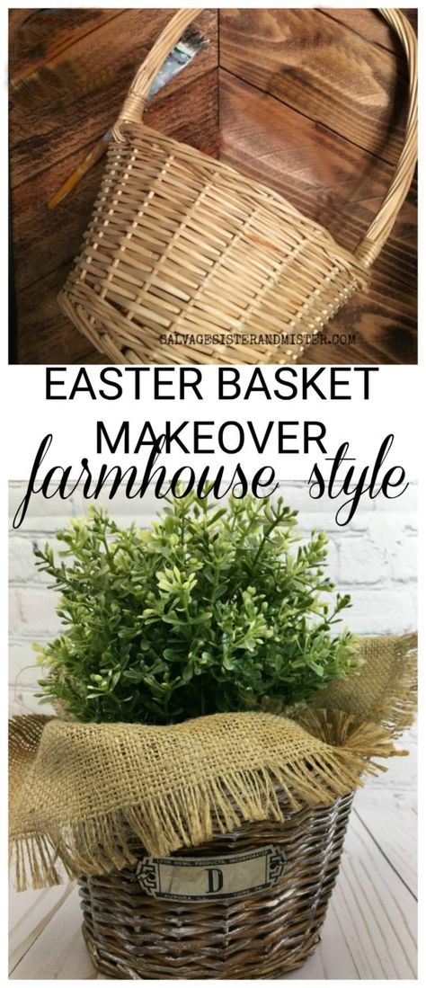 Using up leftover craft supplies for this Easter basket makeover - famrhouse style #reuse #farmhouse #basket Spring Basket Decor, What To Put In Baskets For Decor, Decorating With Baskets Farmhouse Style, Dollar Tree Easter Basket, Farmhouse Baskets, Farmhouse Basket, Basket Makeover, Old Baskets, Trendy Diy