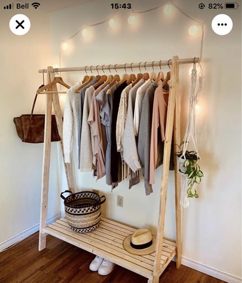 Wooden Clothing Rack Design, Hanger Rack Aesthetic, Clothing Rack Ideas Bedroom, Clothes Rack Aesthetic, Wooden Clothes Rack, Clothing Rack Bedroom, Hot Wheels Room, Room Hacks, Minimalist Bedroom Design