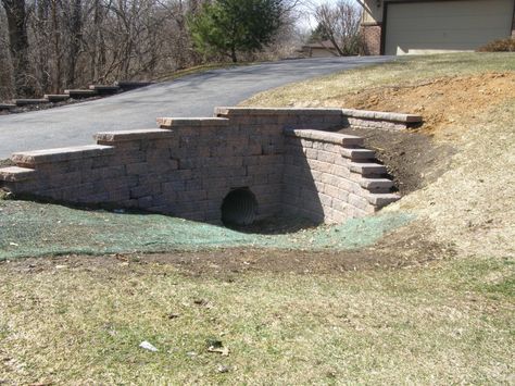 Retaining Wall Around driveway culvert | Aqua Patio & Culvert Retaining Walls | R.E. Marshall Nursery Driveway Culvert, Patio Layout, Driveway Entrance, Landscaping Retaining Walls, Driveway Landscaping, Country Landscaping, Retaining Walls, Entrance Gates, Retaining Wall