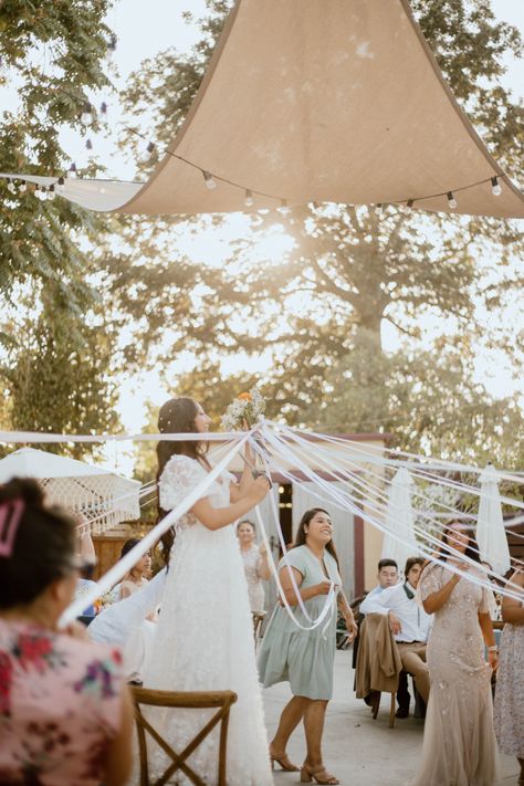 Flower Toss Ideas, Maypole Bouquet Toss, Wedding Bouquet Throwing Ideas, Wedding Bouquet Toss, Dream Wedding Bouquet, Community Gathering, Ribbon Bouquet, Wedding Day Ideas, Bouquet Toss