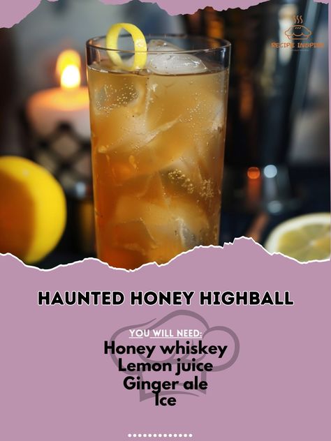 👻 Get spooked with Haunted Honey Highball! A bewitching blend of honey and spice! #HauntedHighball #SpookySips Haunted Honey Highball Ingredients: Honey whiskey (2 oz) Lemon juice (1/2 oz) Ginger ale (top up) Ice Lemon twist (for garnish) Instructions: Mix honey whiskey and lemon juice in a glass with ice. Top with ginger ale and stir gently. Garnish with a lemon twist. 👻 Sip on this hauntingly delicious drink! Perfect for a spooky night in! 🕷️🍋 #SpookySips #HalloweenVibes American Honey Drinks, Honey Drinks, Whiskey Wednesday, Honey Whiskey, Honey Drink, Alcohol Beverages, American Honey, Lemon Twist, Spooky Night