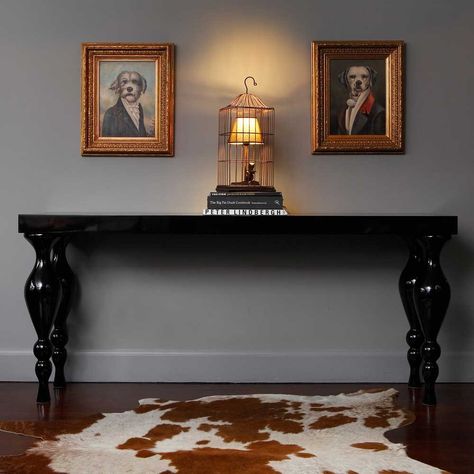 Brown & White Cowhide by The French Bedroom Company Black Entry Table, Shabby Chic Console Table, Modern Entry Table, Rustic Foyer, Black Sofa Table, Sofa Table Decor, French Console Table, Modern Shabby Chic, Black Console Table