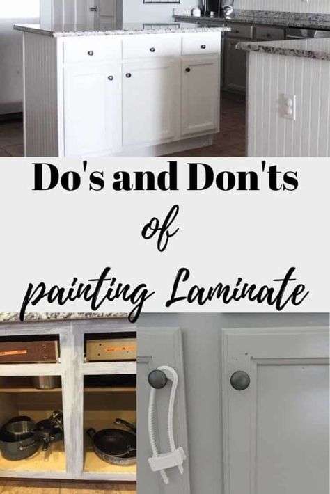 Learn the Do's and Don'ts of painting laminate surfaces and how to paint laminate cabinets and laminate furniture the right way. This is a great post about how to paint laminate IKEA furniture too. #paintinglaminate #howtopaintlaminate Paint Laminate Cabinets, Painting Laminate Kitchen Cabinets, Painting Laminate Cabinets, How To Paint Laminate, Laminate Kitchen Cabinets, Painting Laminate Furniture, Melamine Cabinets, Painting Laminate, Laminate Cabinets