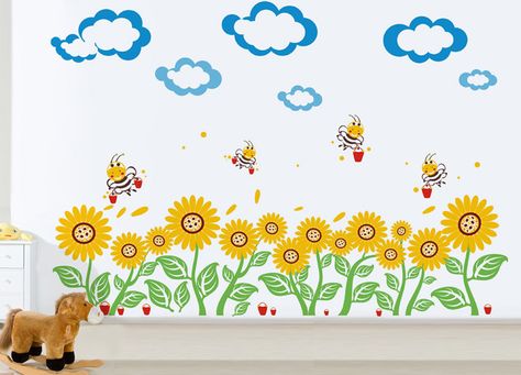 Sunflowers and Bees Wall Decal Sunflower Mural, Sunflowers And Bees, Daycare Decor, Preschool Classroom Decor, School Wall Art, School Murals, Bee Wall, Baby Wall, Mural Ideas