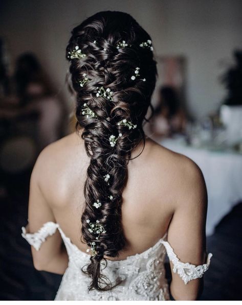 Real Mariee Bride wearing Martina Liana Style 1012 with Tangled themed wedding hair with fresh flowers and an intricate braid. Wedding hair inspiration for sure! Rapunzel Inspired Wedding Hair, Wedding Braid Hairstyles With Flowers, Tangled Inspired Wedding Hair, Bridal Hair Braid With Flowers, Braided Bridal Hair With Veil, Fantasy Bridal Hair, Flower Braid Wedding Hair, Rapunzel Braid Wedding, Rapunzel Hairstyle Wedding