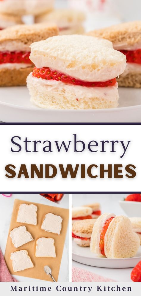 If you're looking for a way to use fresh, seasonal strawberries, try this easy recipe for mini (or full sized) strawberry sandwiches! Featuring cream cheese, fresh sliced strawberries, and fluffy bread, this easy recipe is perfect for afternoon tea, brunch, baby showers, wedding showers, and more. For an extra fun touch, use a heart-shaped cookie cutter for a special Valentine's Day treat. Strawberry Tea Sandwiches, Strawberry Sandwiches, Brunch Baby Showers, High Tea Sandwiches, Cream Cheese Sandwiches, Tea Party Sandwiches, Fluffy Bread, Fruit Sandwich, Pop Up Cafe