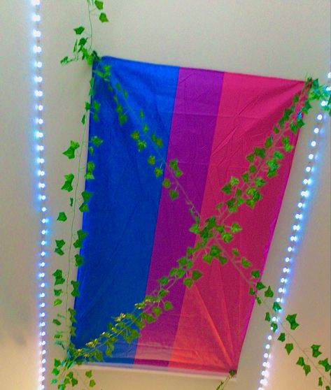 Flags On Ceiling Bedroom, Flag Hanging Ideas, Flag On Ceiling, Pride Flag Bedroom, Bisexual Flag Aesthetic, Bi Flag Aesthetic, Flag On Wall, Flag Room Decor, Bisexual Jewelry