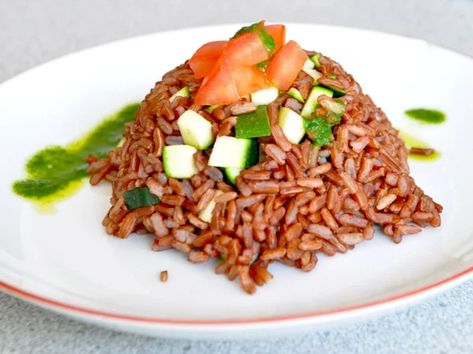 Recipe: Camargue Red Rice And Basil Oil : NPR Rainbow Of Possibilities, Forbidden Rice, Bamboo Rice, Basil Oil, Green Bamboo, Red Rice, Sticky Rice, Kitchen Window, White Rice