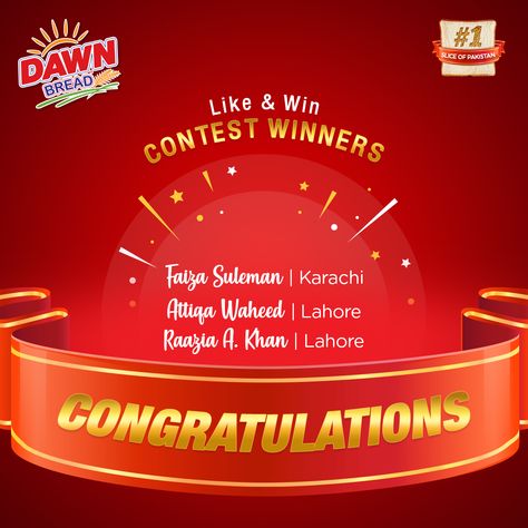 Contest Winner’s Announcement 🎉 Thank you all the participants for participating in this contest and Congratulations to the lucky Winners of Like & Win Contest.   Note: Winners please DM us for further details.  #DawnBread #ContestWinners #Giveaways #Congratulations Winner Poster Design Ideas, Winner Announcement Poster, Announcement Poster Design, Bread Ads, Winners Poster Design, Contest Winner Announcement, Winner Poster, Announcement Poster, Contest Poster