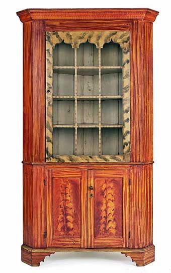 YORK COUNTY, PENNSYLVANIA PAINTED CORNER CUPBOARD, mid 19th c., with smoke decorated twelve-lite doors, the base with sunken panel doors, al... Corner Cupboards, Early American Furniture, Corner Cabinets, Painted Cupboards, Antique Cupboard, Cupboard Shelves, Colonial Furniture, Corner Cupboard, York County