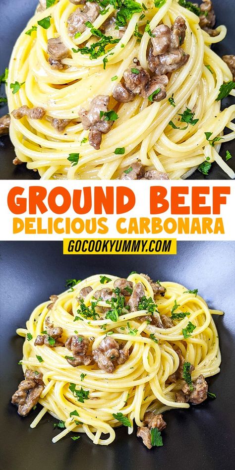 Ground Beef Pasta Recipes White Sauce, Ground Beef Carbonara Recipe, Beef Carbonara Pasta, Ground Beef Carbonara, Ground Beef White Sauce Pasta, Creamy Ground Beef Pasta, Beef Carbonara, Carbonara Pasta Recipe, Fettucini Alfredo Recipe