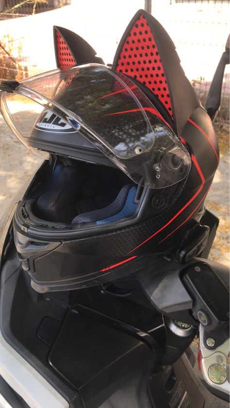 Red And Black Motorcycle Helmet, Red Motorcycle Aesthetic, Helmet With Cat Ears, Red Motorcycle Helmet, Wolf Helmet, Hjc Helmet, Cat Helmet, Black Motorcycle Helmet, Cool Bike Helmets