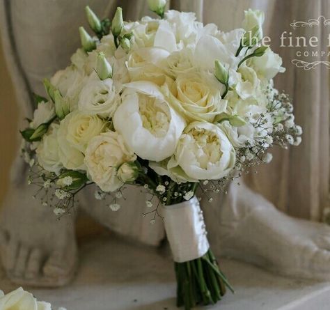 Hand Tied Wedding Bouquet Comprised Of: White Peonies, White Lisianthus + Buds, Ivory Roses, White Gypsophila Roses And Gypsophila Bouquet, White Roses And Gypsophila, White Gypsophila, Peonies White, White Lisianthus, Gypsophila Bouquet, Flower Wedding Bouquet, Wedding Backyard Reception, Roses White