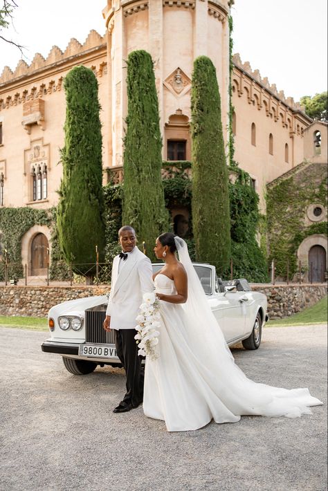 Royal Ambassador Wedding, Destination Wedding Black Couple, French Estate Wedding, Vintage Classic Wedding Aesthetic, Vintage Car Wedding Photos, French Wedding Aesthetic, Castle Wedding Aesthetic, Black Wedding Aesthetic, Wedding Aesthetic Bride