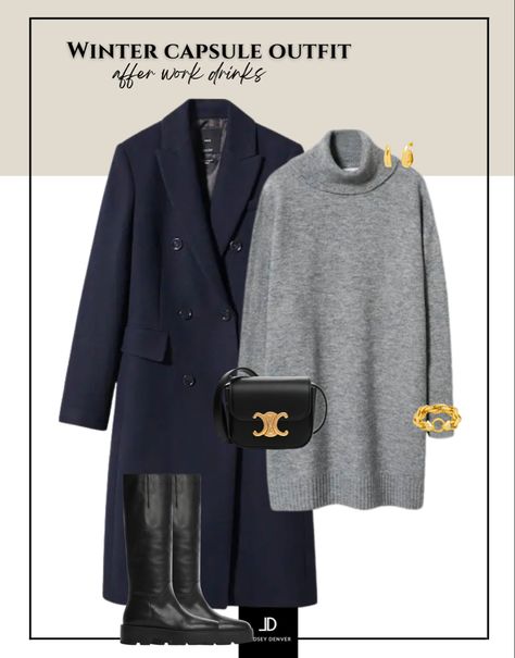 Date Night Winter Outfits, After Work Drinks Outfit, Winter Birthday Outfits, Navy Coat Outfit, Work Outfits Winter, Knee High Chunky Boots, Date Night Winter, Wool Coat Outfit, Minimal Capsule Wardrobe