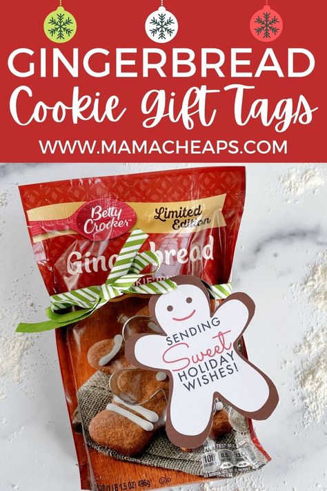 How cute and easy is this Christmas gift? We took a bag of gingerbread cookie mix and a gingerbread man cookie cutter and put it together into a gift! Use our free printable gingerbread man themed tags for the perfect finishing touch! You can easily up the value of this gift by adding a gift card. Easy gift idea for teachers, friends, neighbors and co-workers! #christmas #diy #printable #mamacheaps Gingerbread Cookie Gift Ideas, Gingerbread Gifts Ideas, Gingerbread Gift Tags Free Printable, Gingerbread Gift Ideas, Gingerbread Snacks, Cookie Mix Gift, Gingerbread Cookie Mix, Gingerbread Theme, Ginger Babies