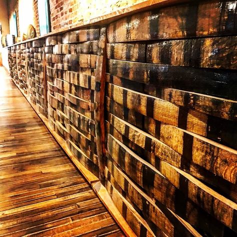 Wall made from Barrel Staves Via Buffalo Trace Distillery on FB Barrel Stave Bar, Wyoming Whiskey, Copper Bar Top, Break Area, Wine Barrel Crafts, Barrel Ideas, Pool Table Room, Whiskey Room, Barrel Projects