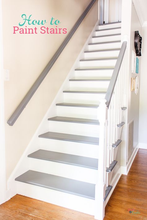 Great DIY tutorial on how to paint stairs without sanding. Love that it has step by step directions for painting stairs along with before and after pictures of this beautiful grey and white staircase makeover. #DIY #Staircase #Makeover #BeforeAfter #Paint How To Paint Your Stairs, Painted Treads On Stairs, Paint For Stairs Staircases, Painted Grey Staircase, Diy Painted Stairs, Diy Painted Staircase, Farmhouse Painted Stairs, Stair Paint Ideas, Grey Staircase Ideas