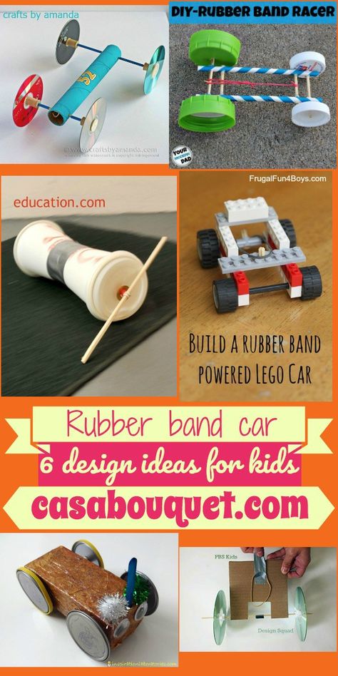 6 rubber band car designs use a body, axle, and wheels to teach potential and kinetic energy. Legos, cardboard, and other household items are used. Simple Machines Activities, Simple Machine Projects, Potential And Kinetic Energy, Rubber Band Car, Stem Lesson Plans, Stem Camp, Cardboard Car, Experiments Kids, Theme Preschool