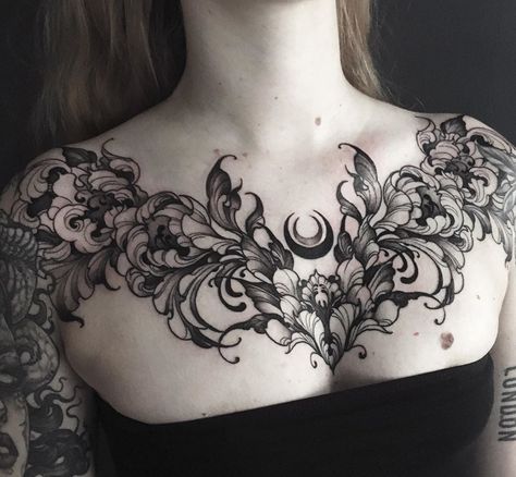 An incredible black and grey chest piece tattoo in France by dorothy_purple on Instagram. #tattoos #blackandgrey #blackandgreytattoo #chest #chestpiece #france #travel Chest Tattoo Designs Female, Chest Neck Tattoo, Chest Tattoo Female Upper, Gotik Tattoo, Full Chest Tattoos, Clavicle Tattoo, Instagram Tattoos, Piece Tattoo, Throat Tattoo