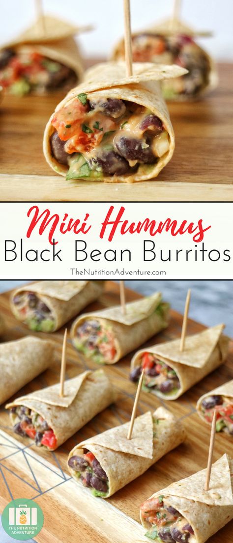 Mini Hummus Black Bean Burritos | The Nutrition Adventure Hummus Burrito, Mini Black Bean Tacos, Black Bean Wraps Vegetarian, Spicy Black Bean Hummus, Black Bean Burritos Vegetarian, Vegan Bean And Cheese Burrito, Black Bean Burritos, Vegan Apps, Bean Burritos