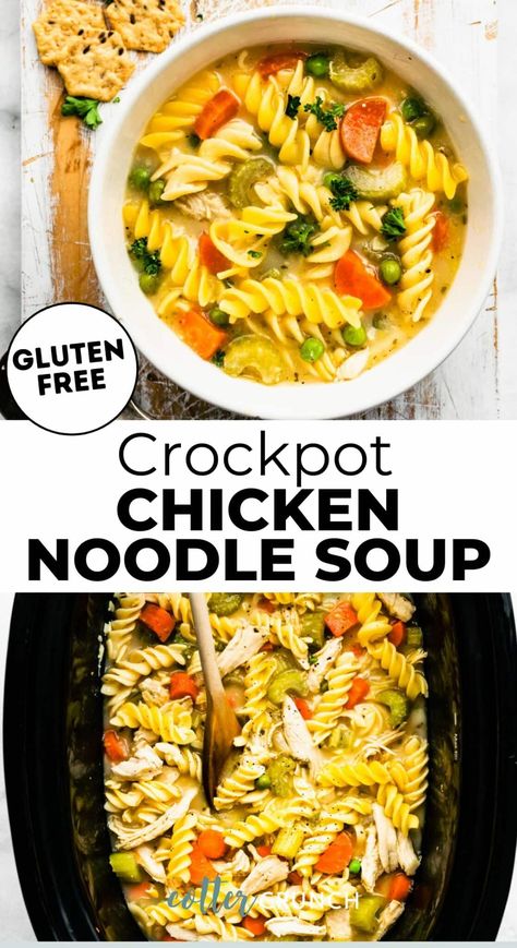 This Gluten-Free Chicken Noodle Soup uses simple, pantry staple ingredients for the ultimate family-friendly comfort food! Fresh veggies combined with herbs and spices, a savory broth, and tender gluten-free noodles. Cooked in the crockpot, it requires minimal prep work for a satisfying dinner that will be waiting for you when you come home. Chicken Noodle Soup Gluten Free, Chicken Soup Recipes Crockpot, Crockpot Chicken Noodle Soup Recipes, Gluten Free Chicken Soup, Gluten Free Chicken Noodle Soup, Crockpot Chicken Noodle Soup, Cotter Crunch, Free Noodles, Slow Cooker Chicken Noodle Soup