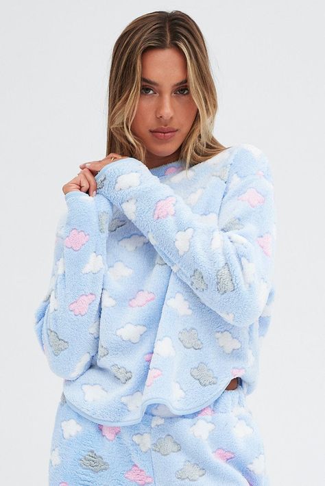 Blue Print Fluffy PJ Cloud Print Cosy Pyjama Set | Ally Fashion Pastel Pyjamas, Winter Pjs Women, Cute Pyjamas Winter, Cosy Pajamas, Fluffy Pjs, Fluffy Pyjamas, Sleepwear Aesthetic, Fluffy Pajamas, Ladies Pajamas