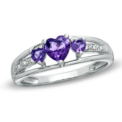 Heart-Shaped Amethyst Three Stone and Diamond Accent Ring in Sterling Silver Purple Rings, February Birthday, Purple Jewelry, Silver Jewelry Design, Ruby Engagement Ring, Heart Gemstone, Amethyst Jewelry, Split Shank, Unique Engagement Rings