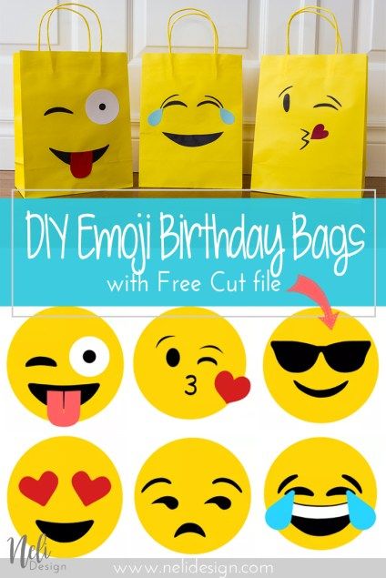 Emoji Party bags | free silhouette cut files | Sacs surprises fête d'enfant | gabarit gratuit | Cricut svg Emoji Birthday Party Ideas, Make Emoji, Emoji Diy, Emoji Svg, Emoji Gifts, Emoji Birthday Party, Free Silhouette Cut Files, Emoji Party, Emoji Birthday