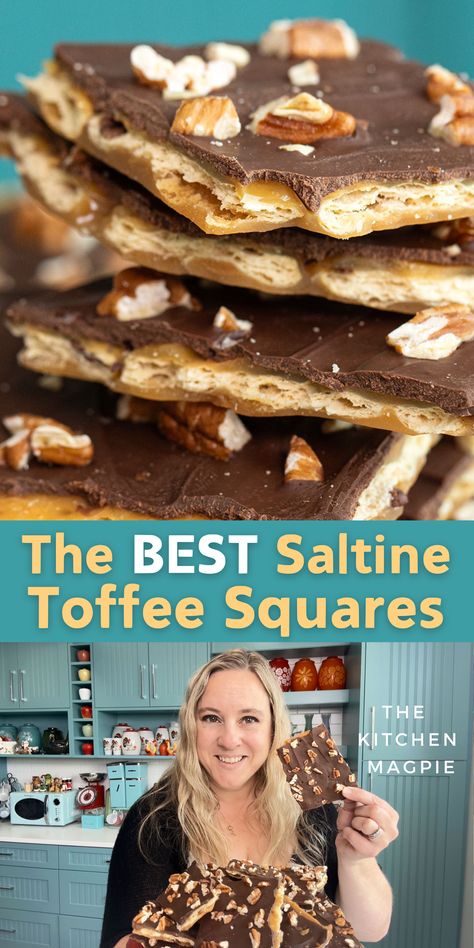 Saltine Toffee Squares Salted Caramel Pecan Toffee Bars, Christmas Cookies And Squares, Saltine Cracker Dessert, Heath Bar Recipes, Df Dessert, Saltine Cracker Recipes, Holiday Cooking Christmas, Toffee Squares, Best Chocolate Chip Cookie Recipe Ever