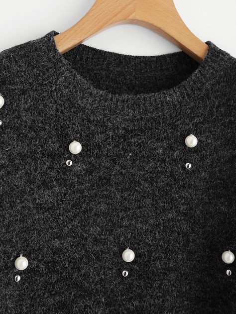 Pearl Beading Lace Up Side Jumper | SHEIN Diy Clothes Refashion, Pearl Beading, Embellished Sweaters, Women Sweaters, Refashion Clothes, Knitted Jumper, Jumpers For Women, Pearl Beads, Diy Clothes