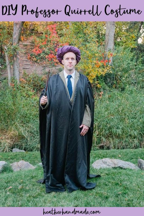 Learn how to make a DIY Professor Quirrell inspired costume with a DIY wrapped hat and cloak. This is the perfect costume for a bald man. My husband has always been great at accepting that he was balding, and he now shaves it everyday. We decided to really lean into the bald head for his costumes because it gives it a unique edge. This year we did a Professor inspired costume, since I could draw Voldemort’s face on the back of his head. Professor Quirrell Costume, Professor Quirrell, Voldemort Costume, Halloween Sewing Projects, Easter Egg Ornaments, Get In The Mood, Halloween Tutorial, Halloween Craft Projects, Halloween Sewing