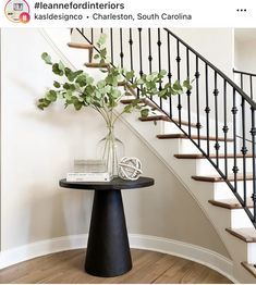 Makeover Madness Blog Hop - Love Your Abode Foyer Pedestal Table, Round Table By Staircase, Round Entryway Ideas, Round Table Staircase, Black Round Entry Table, Round Entrance Table Decor, Entryway Pedestal Table, Pedestal Entryway Table, Small Round Foyer Table